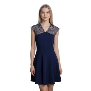 The Kooples Navy Lace Trim Fit & Flare Cocktail Dress Small Preowned